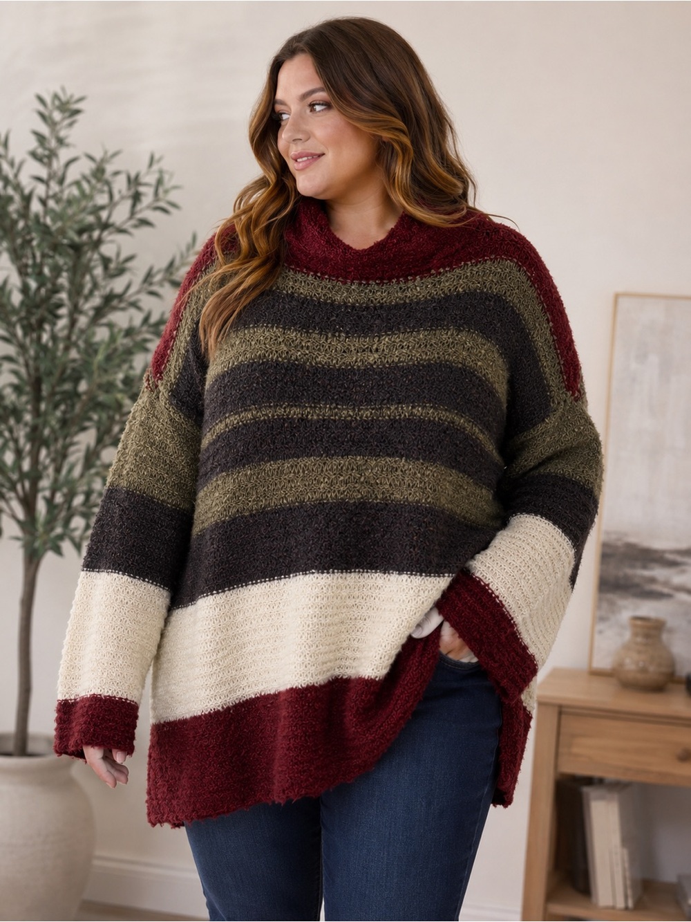 True Craft Colorblock Eyelash Knit Sweater 0X Burgundy Olive Cream Oversized